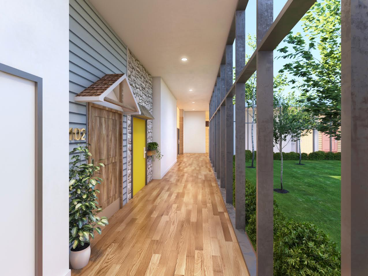 Hallway opening on a wide courtyard, in a dementia care community by van der King Design Group